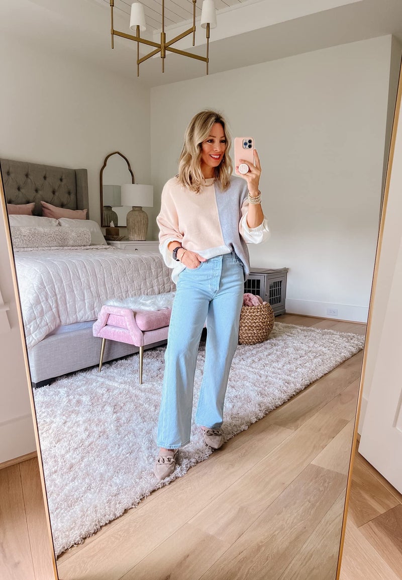 ECOWISH Women Sweater Long Sleeve Color Block Knit Pullover Sweaters Crew Neck Patchwork Casual Loose Jumper Tops Beige Small - Image 4